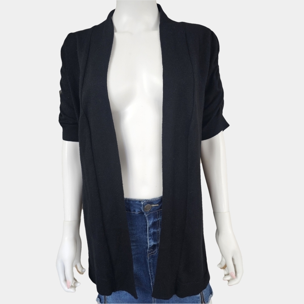 Dress Barn Black Short Sleeve Open Front Ruched Sleeve Cardigan Size S